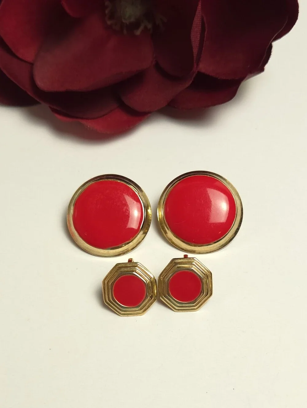 2 Vintage Lipstick Red & Gold Plated Clip on Earrings Circle & Small Hexagon